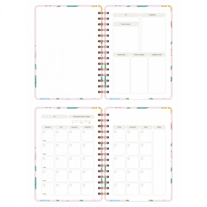 A5 Süresiz Haftalık Planlayıcı Spiralli Kuşe Kapak - Çiçek Bahçesi
