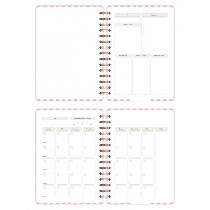 A5 Süresiz Haftalık Planlayıcı Spiralli Kuşe Kapak - Pembe Çizgili