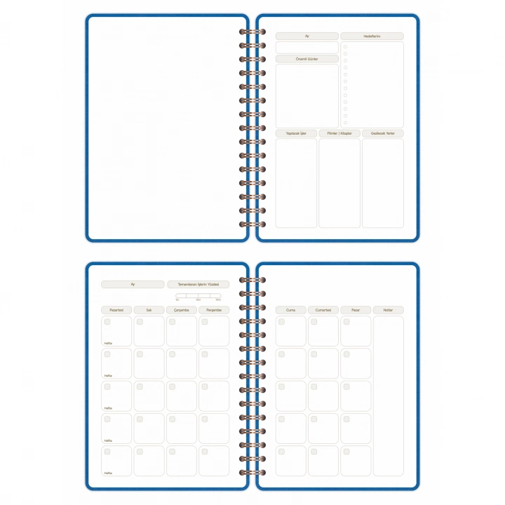 A5 Süresiz Haftalık Planlayıcı Spiralli Vegan Deri Kapak - Mavi