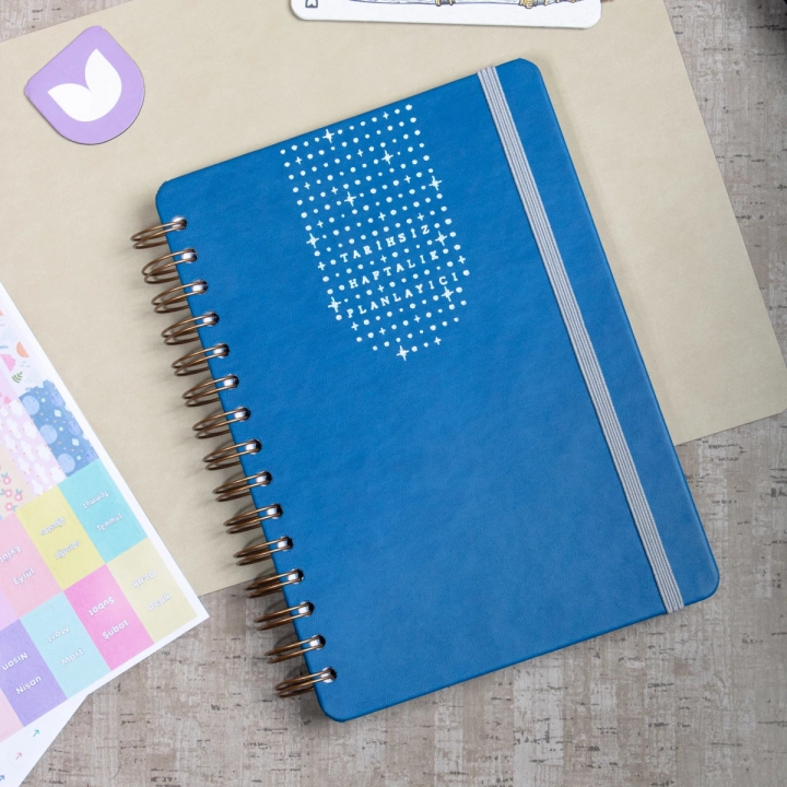 A5 Süresiz Haftalık Planlayıcı Spiralli Vegan Deri Kapak - Mavi