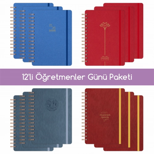 12li Öğretmenler Günü Akademik Ajanda Hediye Seti - 15x21 cm - Kumaş ve Vegan Deri