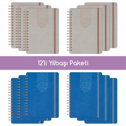 12li Tarihsiz Planlayıcı Ajanda Yılbaşı Hediye Seti - 15x21 cm - Vegan Deri Kapak