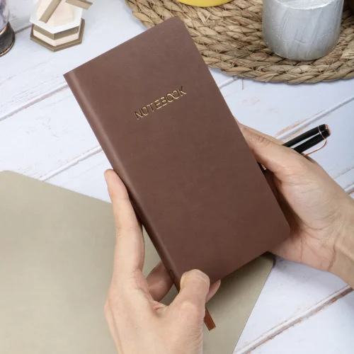 Esnek Kapaklı Kareli Defter 9x18 Kahverengi Vegan Deri