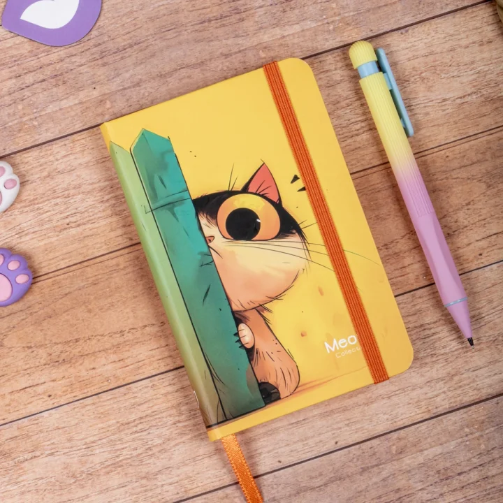 Sert Kapak Çizgili Not Defteri 9x14 Meow Kedili 2