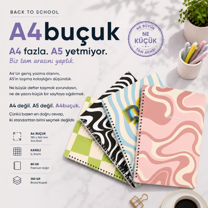Karton Kapak Spiralli Kareli Okul Defteri A4 BUÇUK 4’lü Pattern Party