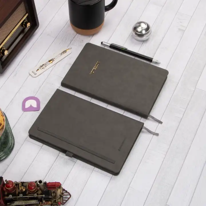 13x21 cm Deri Sert Kapak Noktalı Not Okul Defteri - Füme