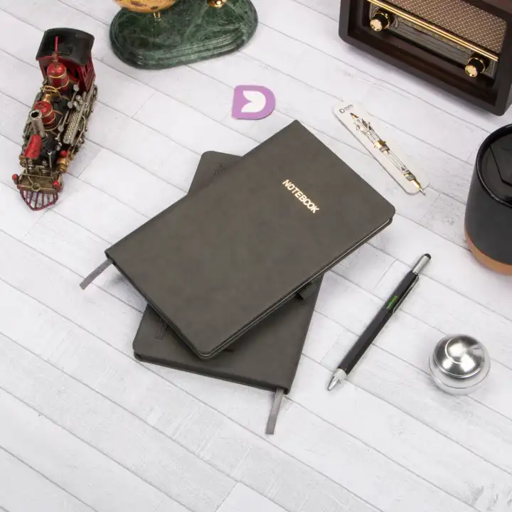 13x21 cm Deri Sert Kapak Noktalı Not Okul Defteri - Füme