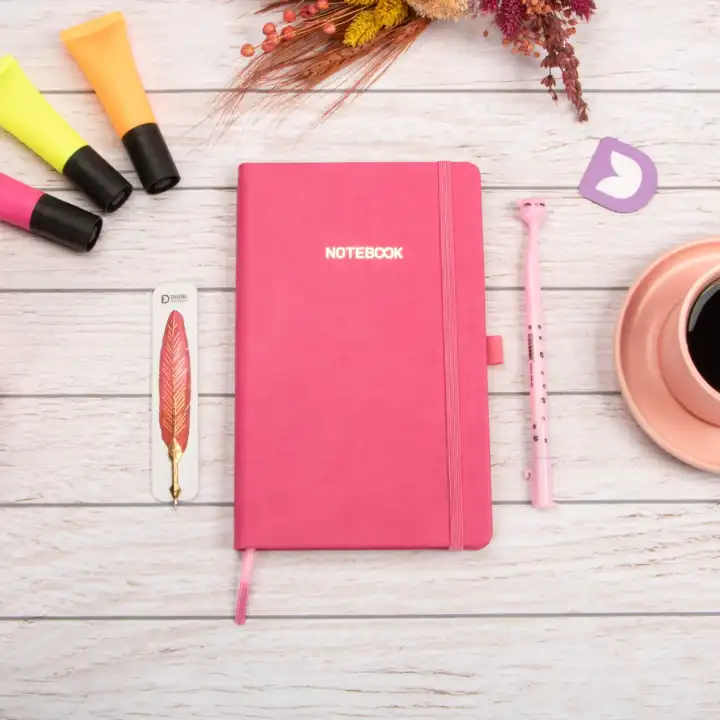 13x21 cm Deri Sert Kapak Noktalı Not Okul Defteri - Pembe