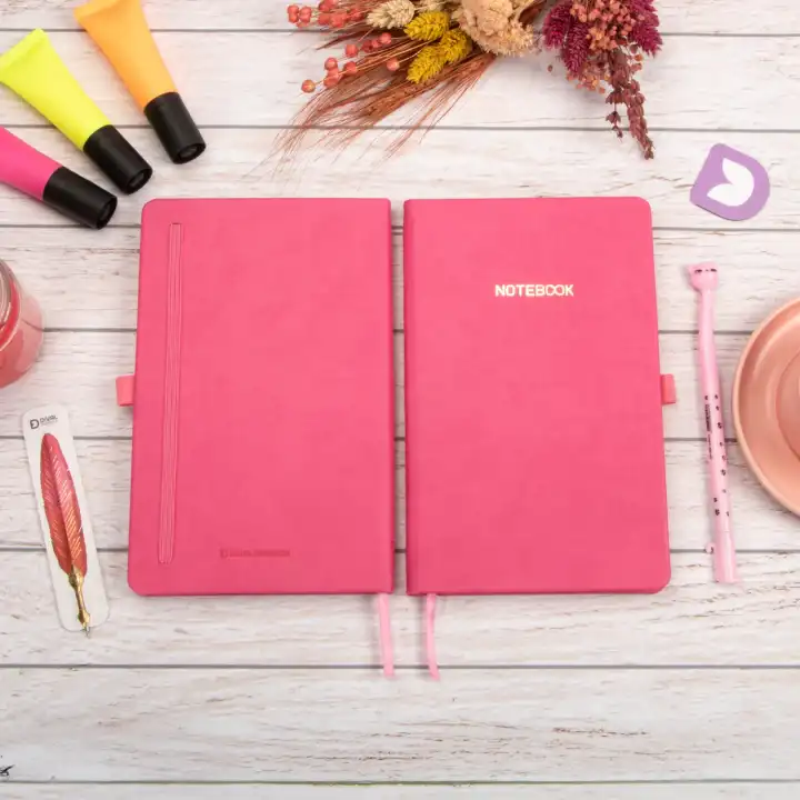 13x21 cm Deri Sert Kapak Noktalı Not Okul Defteri - Pembe
