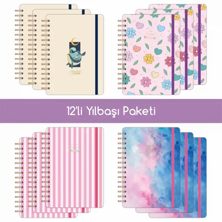 12li Tarihsiz Planlayıcı Ajanda Yılbaşı Hediye Seti - 15x21 cm - Kuşe Kapak