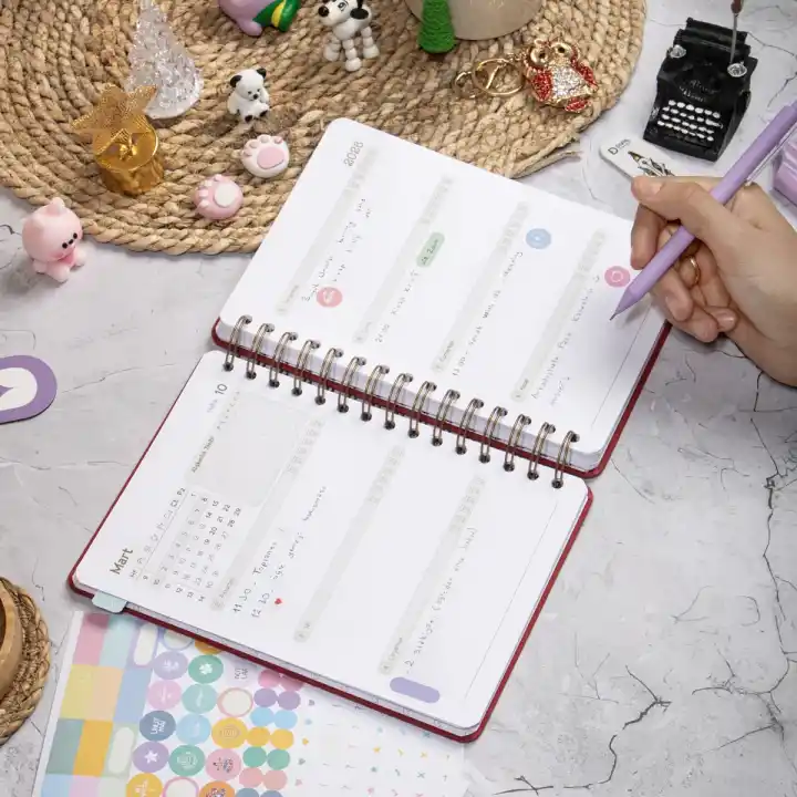 2025-2026 A5 Akademik Ajanda Spiralli Kumaş Kapak 16 Aylık - Kırmızı