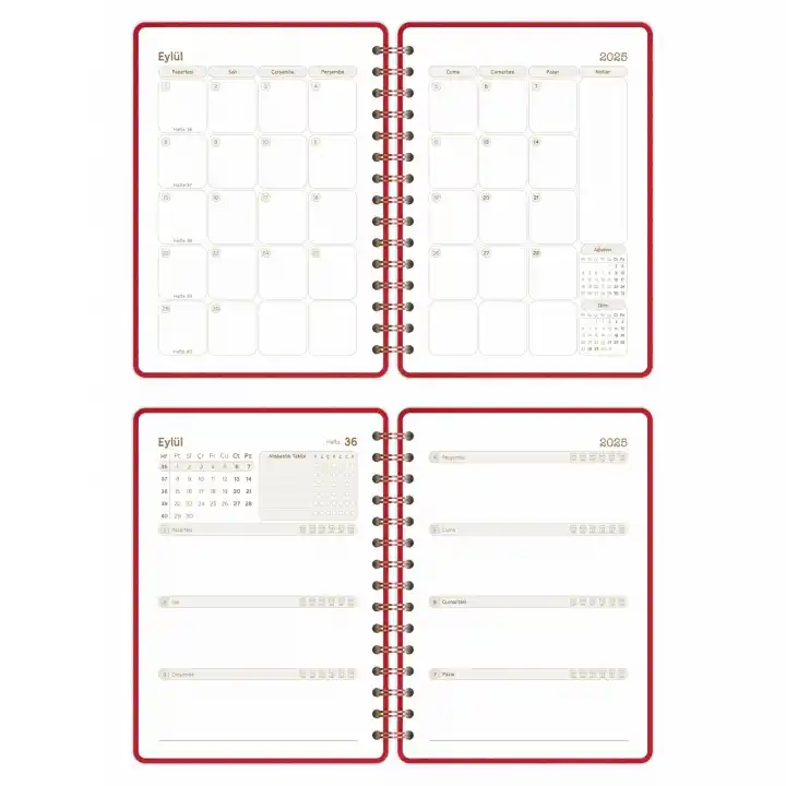 2025-2026 A5 Akademik Ajanda Spiralli Kumaş Kapak 16 Aylık - Kırmızı