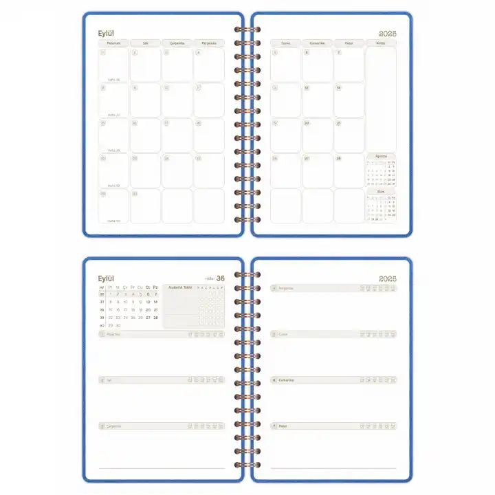 2025-2026 A5 Akademik Ajanda Spiralli Kumaş Kapak 16 Aylık - Mavi