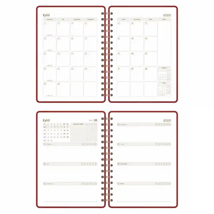 2025-2026 A5 Akademik Ajanda Spiralli Vegan Deri Kapak 16 Aylık - Bordo