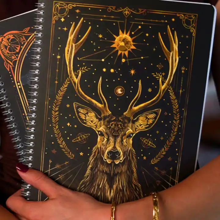 A4 Spiralli Karton Kapak 2’li Set Kareli Ders Programlı Not Okul Defteri - Mistik Serisi Baykuş ve Geyik