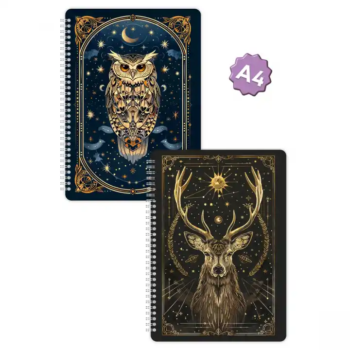 A4 Spiralli Karton Kapak 2’li Set Kareli Ders Programlı Not Okul Defteri - Mistik Serisi Baykuş ve Geyik