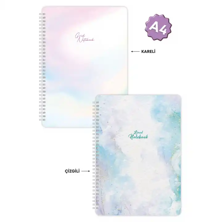 A4 Spiralli Karton Kapak 2’li Set Kareli Ders Programlı Not Okul Defteri - Pastel Serisi