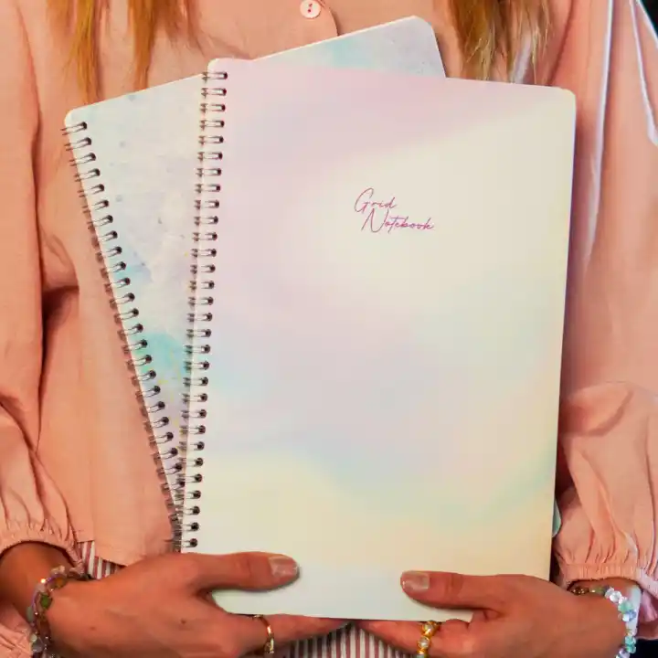 A4 Spiralli Karton Kapak 2’li Set Kareli Ders Programlı Not Okul Defteri - Pastel Serisi