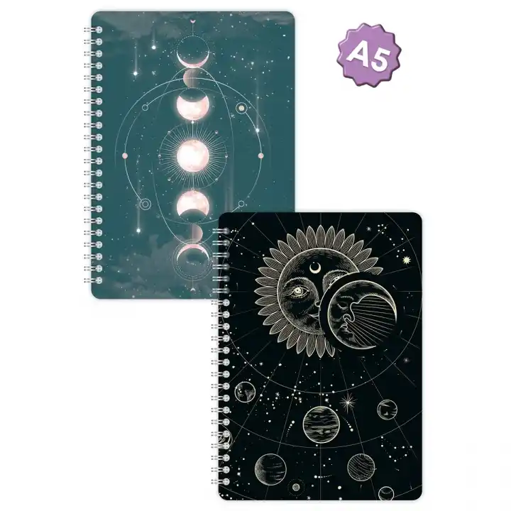 A5 Spiralli Karton Kapak 2li Set Kareli Ders Programlı Not Okul Defteri - Galaksi Serisi Vol. 1