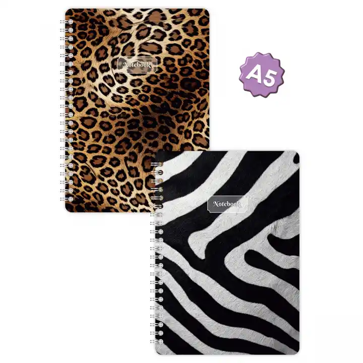 A5 Spiralli Karton Kapak 2li Set Kareli Ders Programlı Not Okul Defteri - Leopar, Zebra