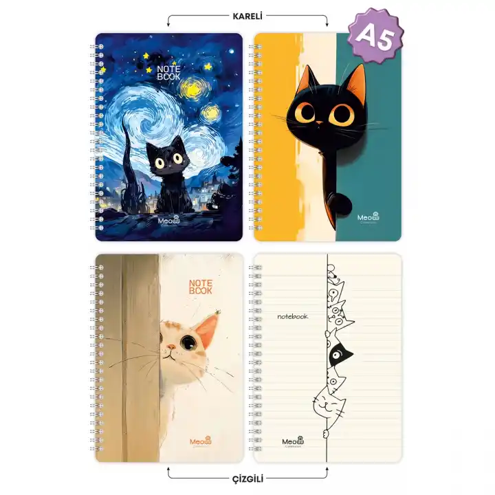 A5 Spiralli Karton Kapak 4lü Set 2 Kareli 2 Çizgili Ders Programlı Not Okul Defteri - Meow Kedi Serisi