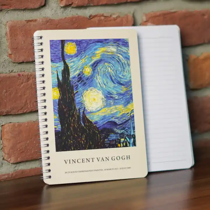 A5 Spiralli Karton Kapak 4lü Set Çizgili Ders Programlı Not Okul Defteri - Van Gogh Serisi