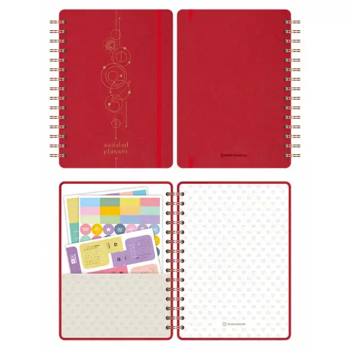 A5 Süresiz Haftalık Planlayıcı Spiralli Kumaş Kapak - Kırmızı