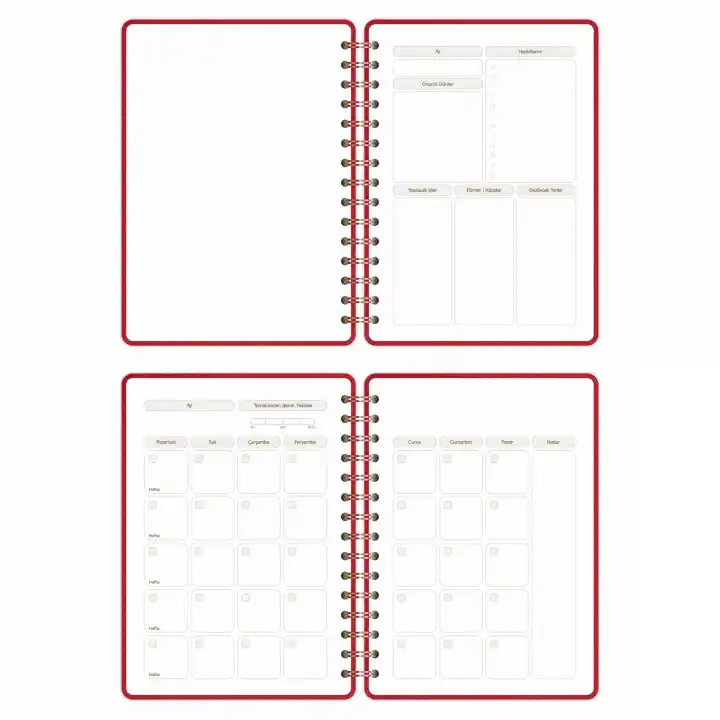 A5 Süresiz Haftalık Planlayıcı Spiralli Kumaş Kapak - Kırmızı