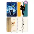 A5 Spiralli Karton Kapak 4lü Set 2 Kareli 2 Çizgili Ders Programlı Not Okul Defteri - Meow Kedi Serisi