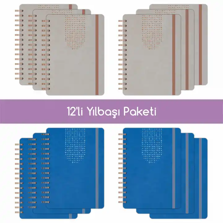 12li Tarihsiz Planlayıcı Ajanda Yılbaşı Hediye Seti - 15x21 cm - Vegan Deri Kapak