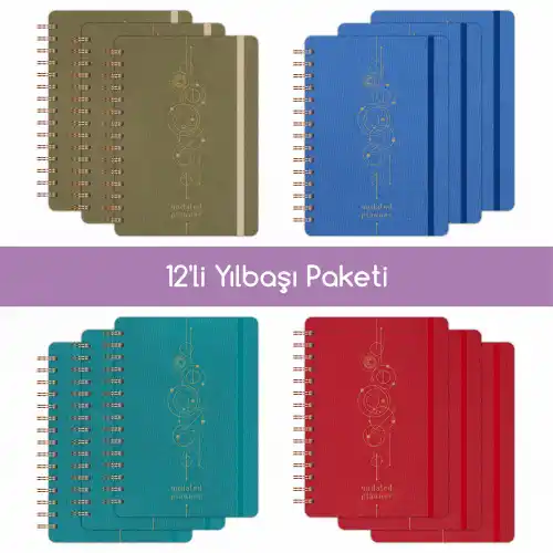 12li Tarihsiz Planlayıcı Ajanda Yılbaşı Hediye Seti - 15x21 cm - Kumaş Kapak