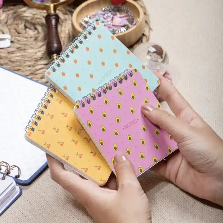 10x10 cm 3lü Meyve Desenli Karton Kapaklı Spiralli Cep Defteri Bloknot Not Defteri