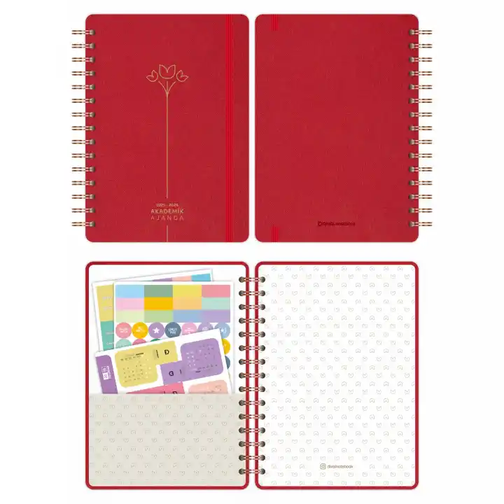 2025-2026 A5 Akademik Ajanda Spiralli Kumaş Kapak 16 Aylık - Kırmızı
