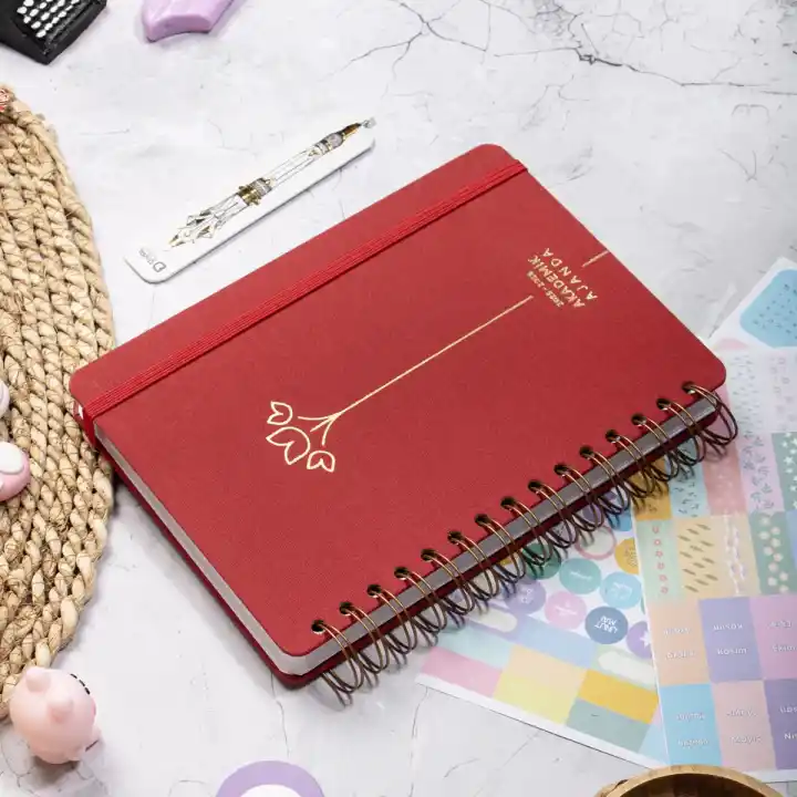 2025-2026 A5 Akademik Ajanda Spiralli Kumaş Kapak 16 Aylık - Kırmızı