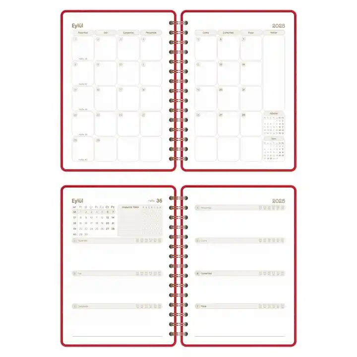 2025-2026 A5 Akademik Ajanda Spiralli Kumaş Kapak 16 Aylık - Kırmızı