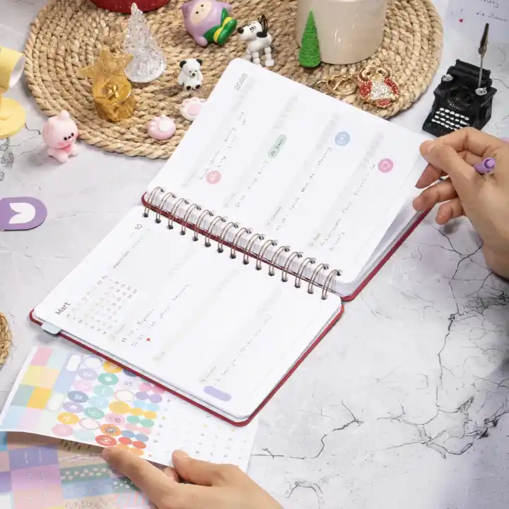 2025-2026 A5 Akademik Ajanda Spiralli Kumaş Kapak 16 Aylık - Kırmızı