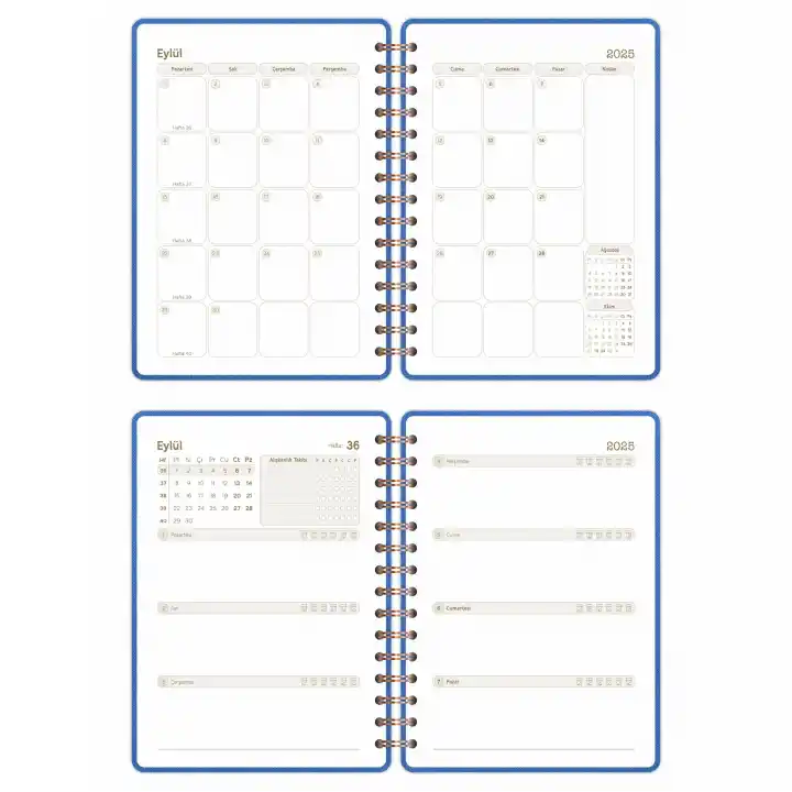 2025-2026 A5 Akademik Ajanda Spiralli Kumaş Kapak 16 Aylık - Mavi
