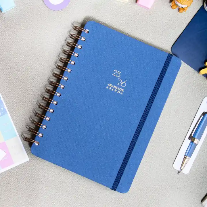 2025-2026 A5 Akademik Ajanda Spiralli Kumaş Kapak 16 Aylık - Mavi
