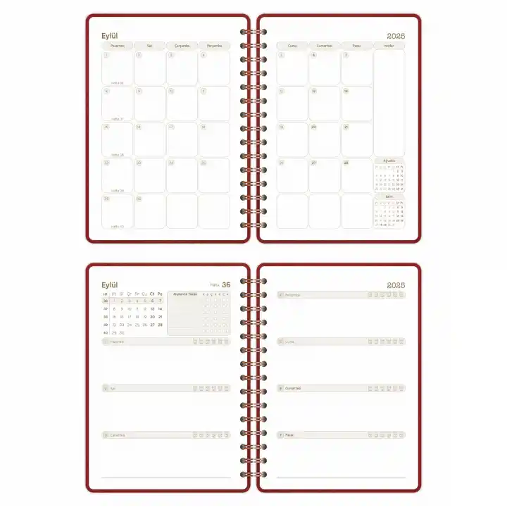 2025-2026 A5 Akademik Ajanda Spiralli Vegan Deri Kapak 16 Aylık - Bordo