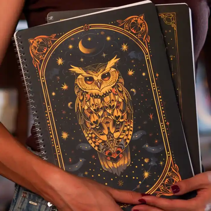 A4 Spiralli Karton Kapak 2’li Set Kareli Ders Programlı Not Okul Defteri - Mistik Serisi Baykuş ve Geyik