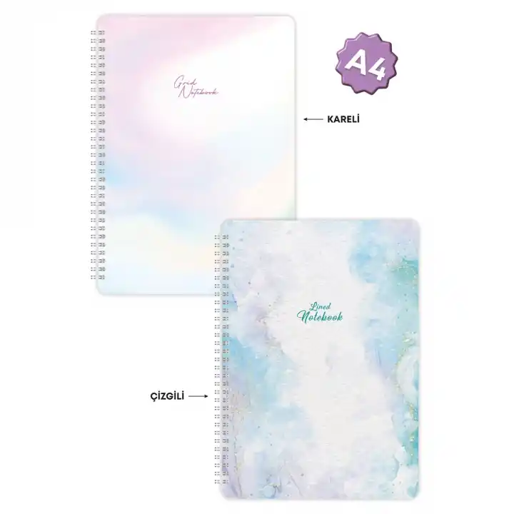 A4 Spiralli Karton Kapak 2’li Set Kareli Ders Programlı Not Okul Defteri - Pastel Serisi