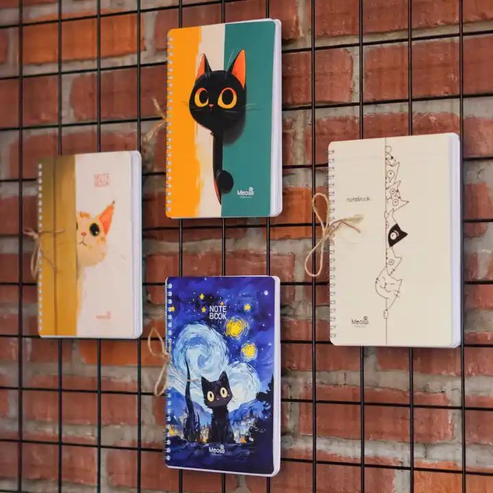 A5 Spiralli Karton Kapak 4lü Set 2 Kareli 2 Çizgili Ders Programlı Not Okul Defteri - Meow Kedi Serisi