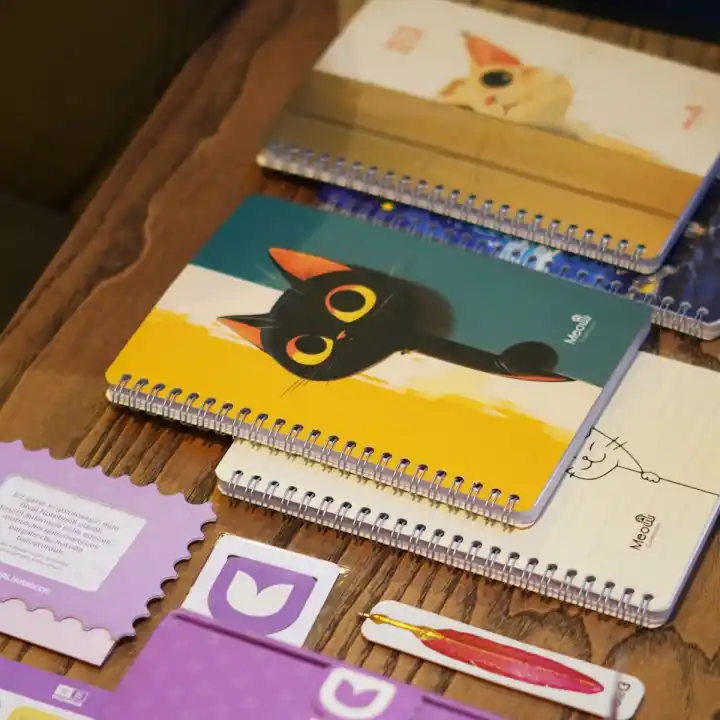 A5 Spiralli Karton Kapak 4lü Set 2 Kareli 2 Çizgili Ders Programlı Not Okul Defteri - Meow Kedi Serisi