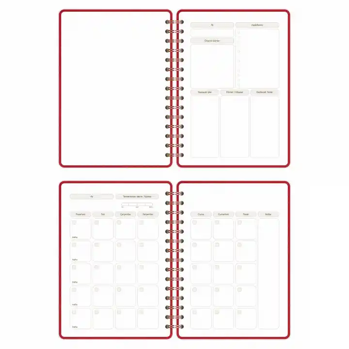A5 Süresiz Haftalık Planlayıcı Spiralli Kumaş Kapak - Kırmızı