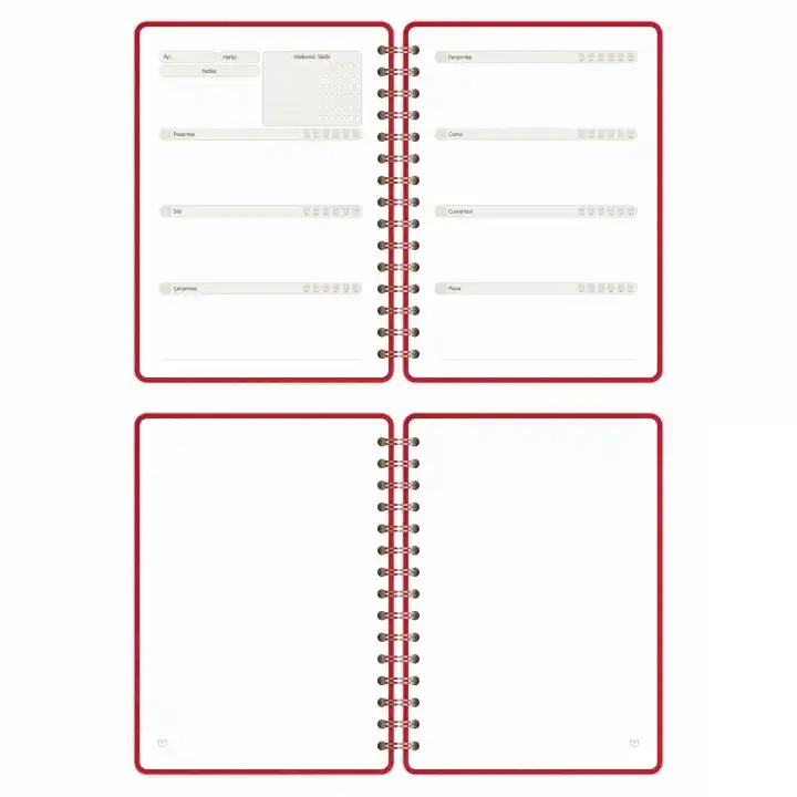 A5 Süresiz Haftalık Planlayıcı Spiralli Kumaş Kapak - Kırmızı