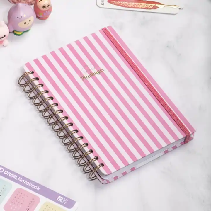 A5 Süresiz Haftalık Planlayıcı Spiralli Kuşe Kapak - Pembe Çizgili