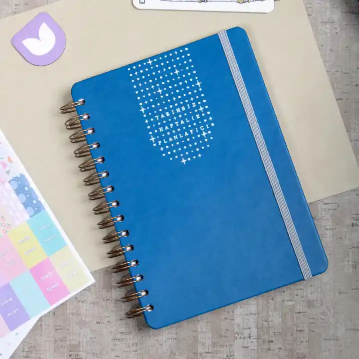 A5 Süresiz Haftalık Planlayıcı Spiralli Vegan Deri Kapak - Mavi