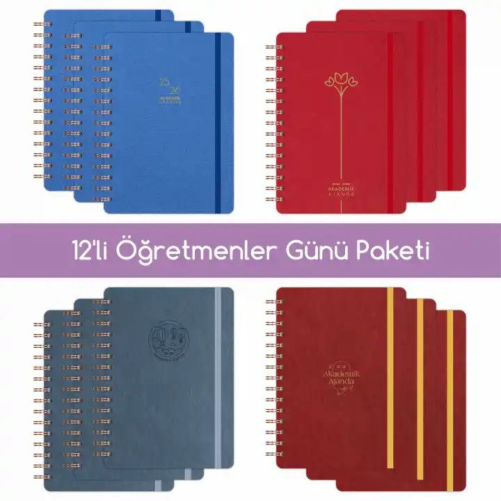 12li Öğretmenler Günü Akademik Ajanda Hediye Seti - 15x21 cm - Kumaş ve Vegan Deri
