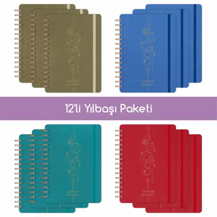 12li Tarihsiz Planlayıcı Ajanda Yılbaşı Hediye Seti - 15x21 cm - Kumaş Kapak