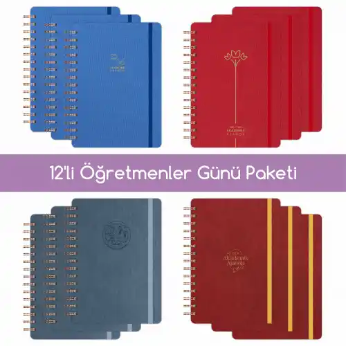 12li Öğretmenler Günü Akademik Ajanda Hediye Seti - 15x21 cm - Kumaş ve Vegan Deri